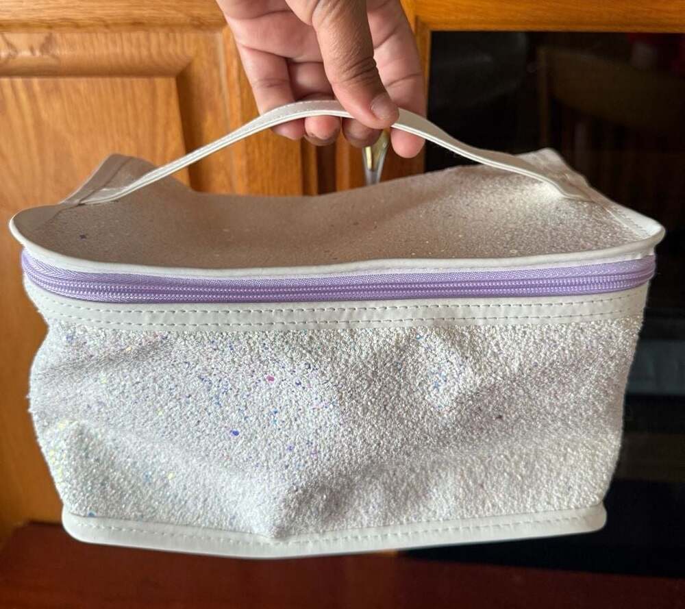 Clinique Skincare Makeup Beauty Cosmetic Train Case Bag Glitter White/Purple